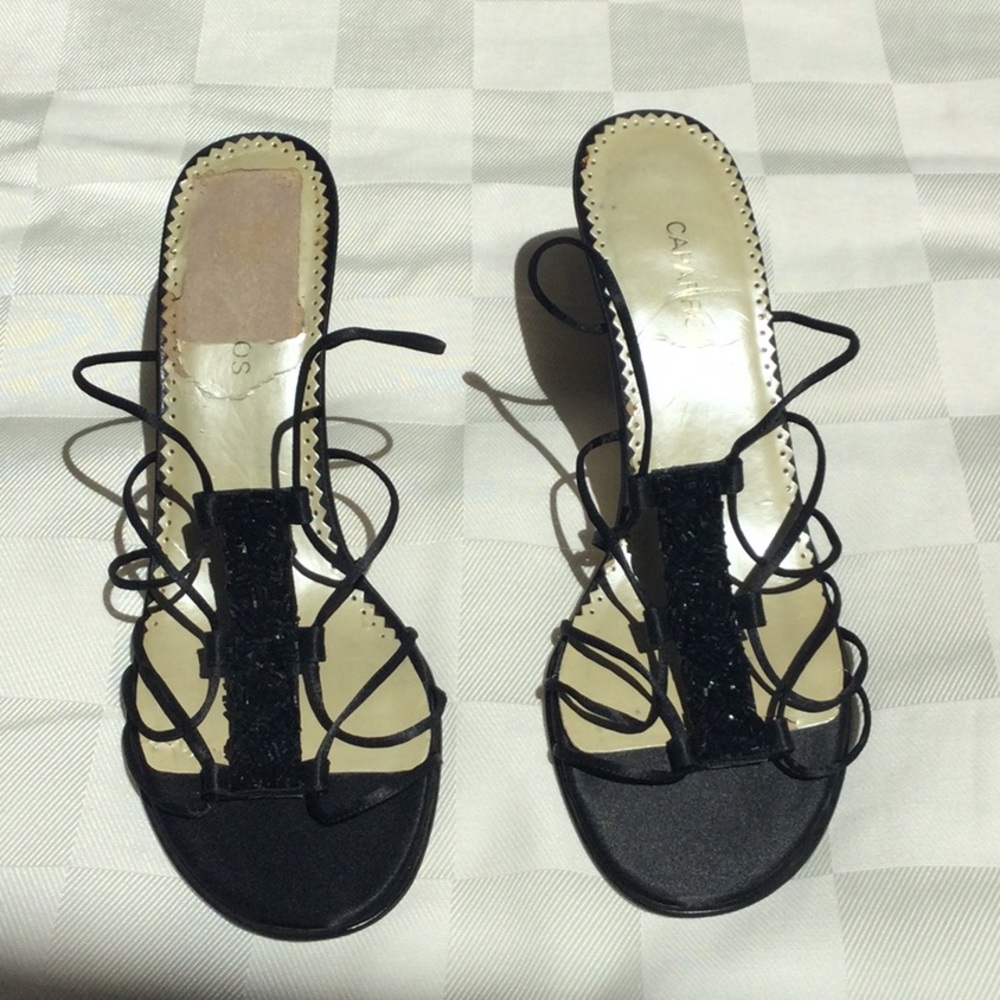 Gorgeous Vintage Caparros Black Strappy 3” Heels with Sparkley Enhancement - Picture 2 of 11